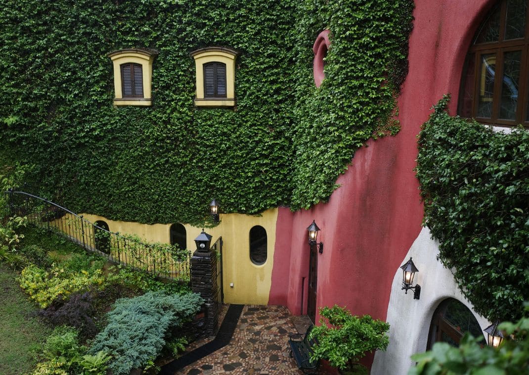 Entrada cubierta de vegetación del Museo Ghibli en Mitaka, Tokio