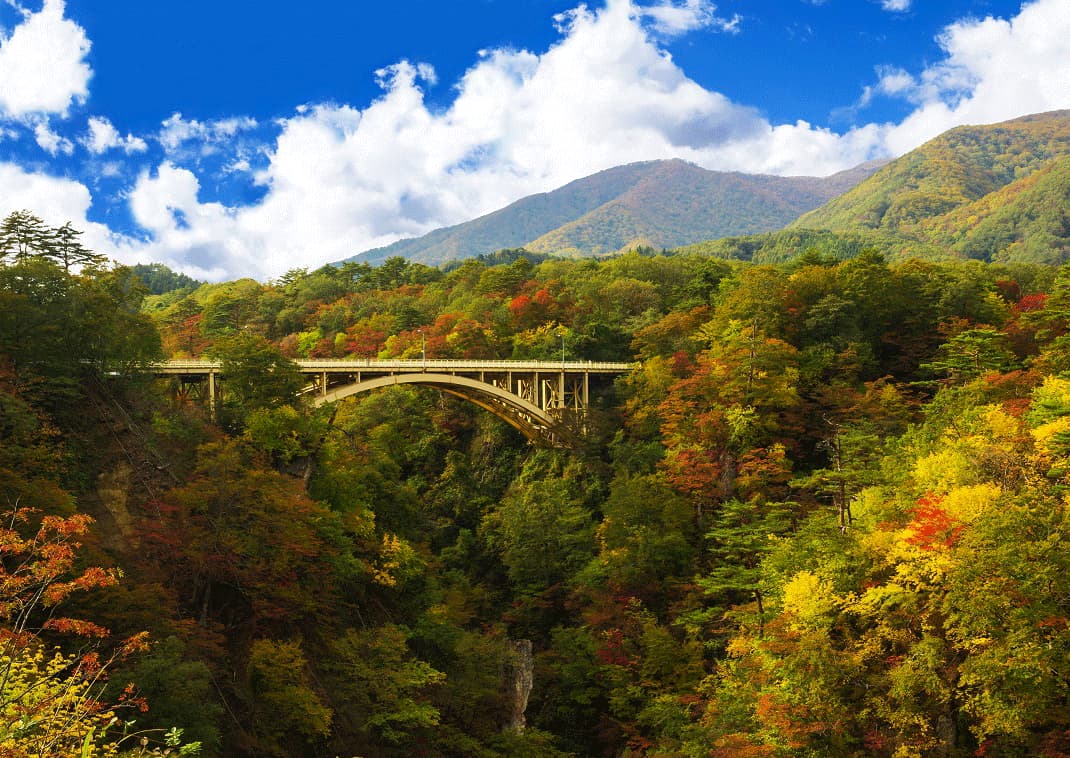 Colores de otoño de Naruko Gorge en Japón.