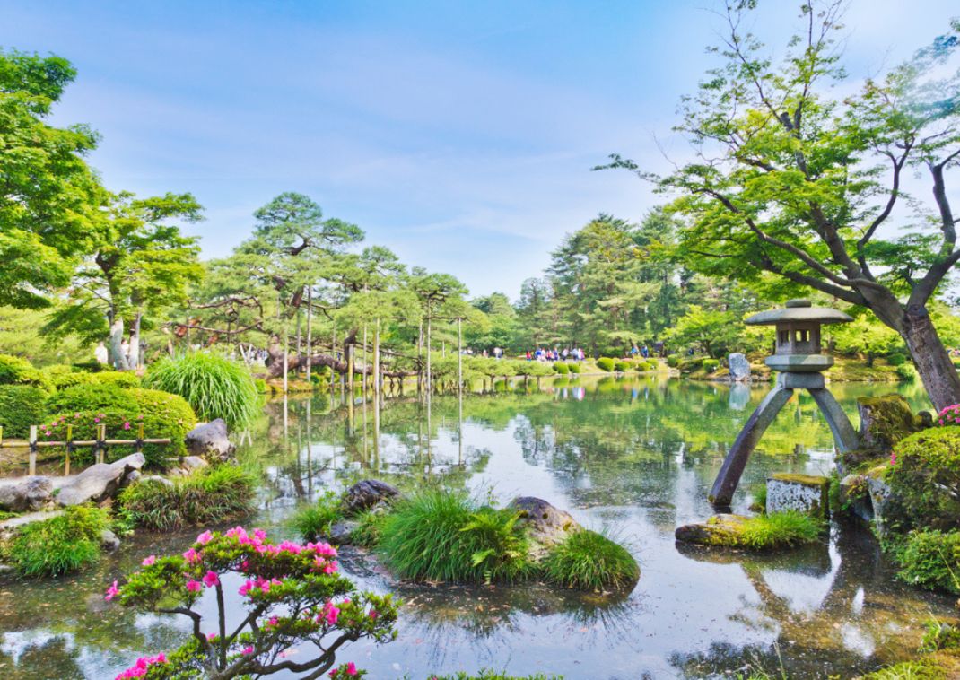 Jardín japonés tradicional con un estanque reflectante, linterna de piedra, arbustos cuidados y árboles verdes frondosos bajo un cielo azul despejado.

