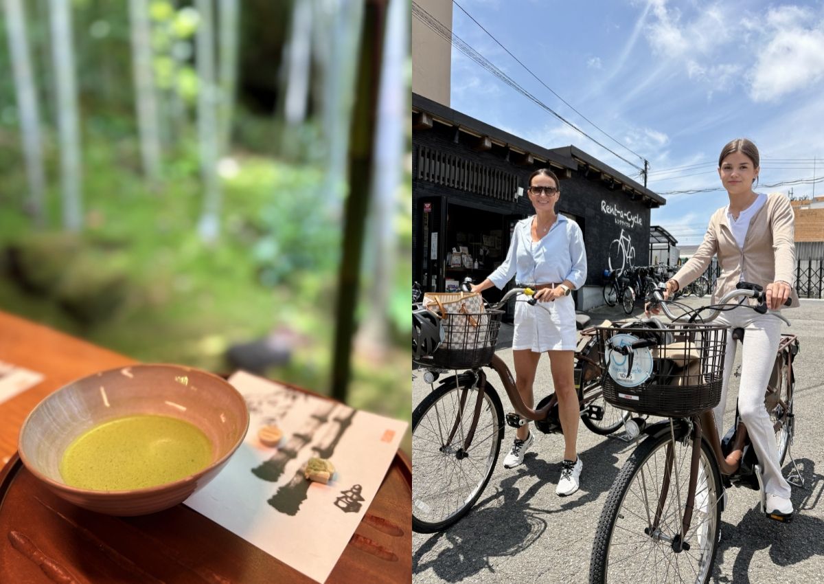 A la izquierda, un cuenco de matcha en un bosque de bambú. A la derecha, madre e hija en Kamakura con sus bicicletas