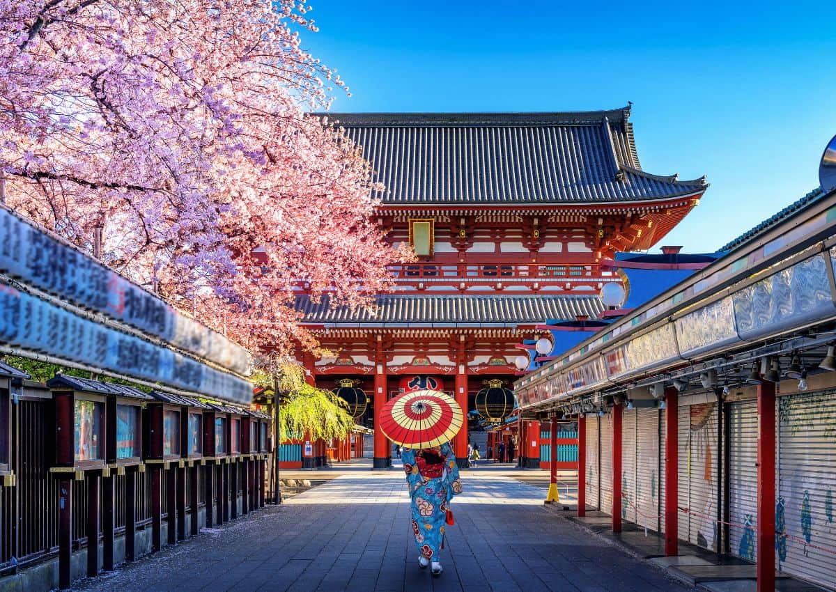 Calle de Nakamise durante la época de los cerezos en Tokio