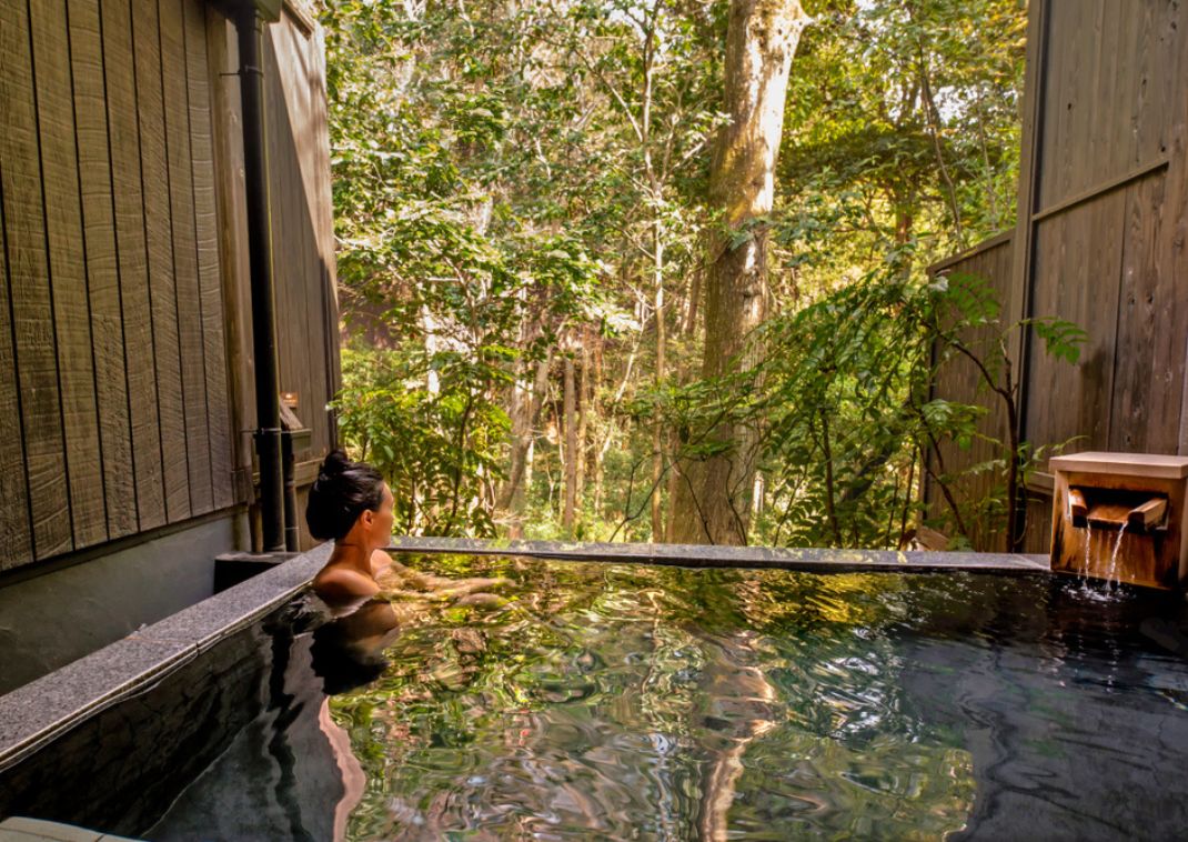 Persona disfrutando de un baño onsen al aire libre rodeado de paredes de madera y un frondoso bosque verde.
