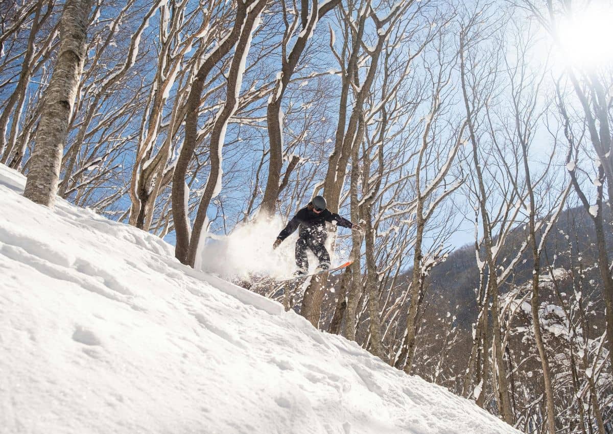 Snowboarder en la estación de esquí de Hakuba, Japón