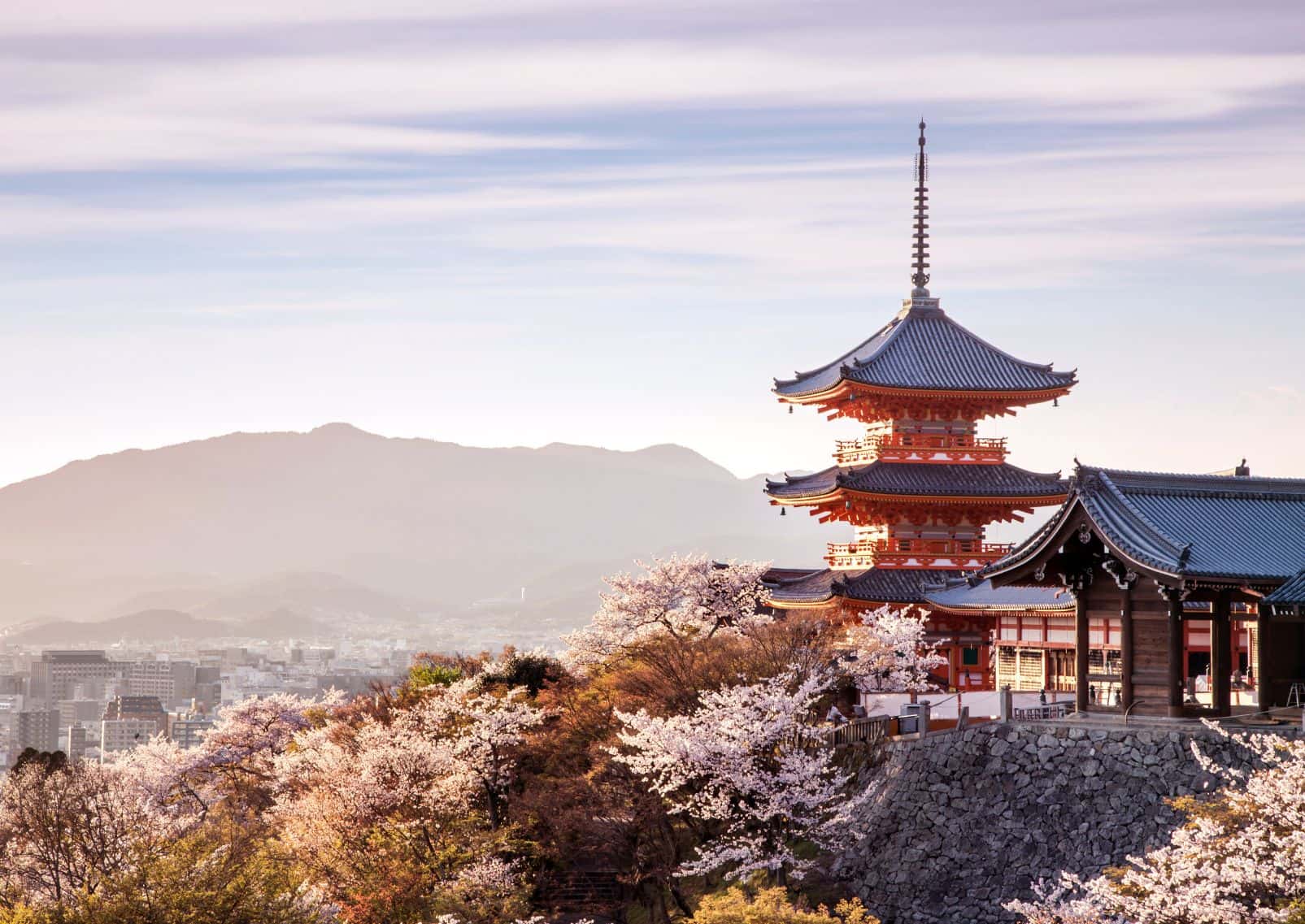 El templo de Kiyomizu en la temporada de los cerezos en flor con vistas a Kioto