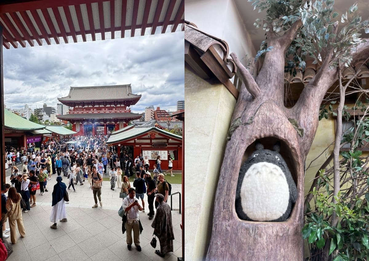 A la izquierda, el templo Senso-ji en Asakusa. A la derecha, un peluche de Totoro, de Ghibli