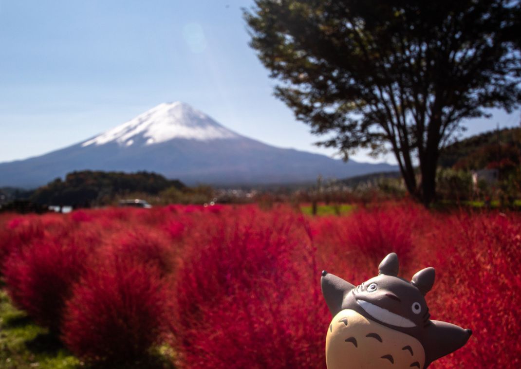 Figura de Totoro frente al Lago Kawaguchi Fuji