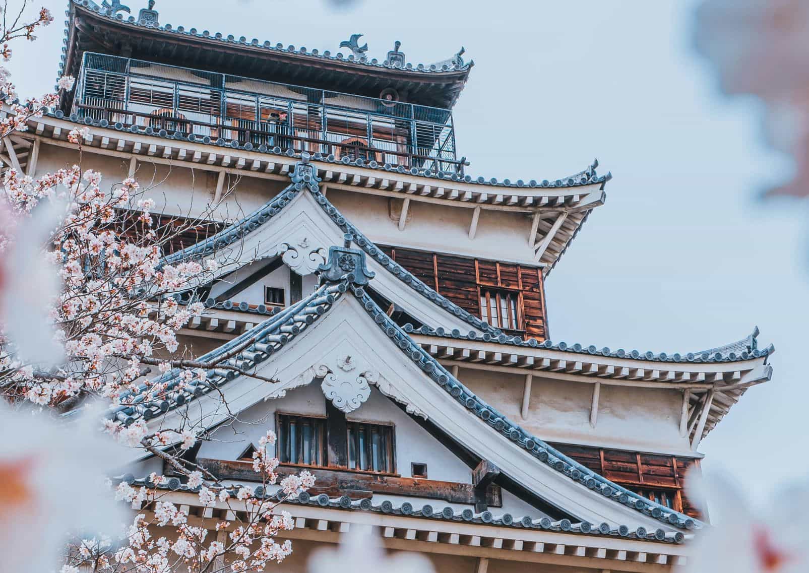 Castillo de Hiroshima con cerezos en flor