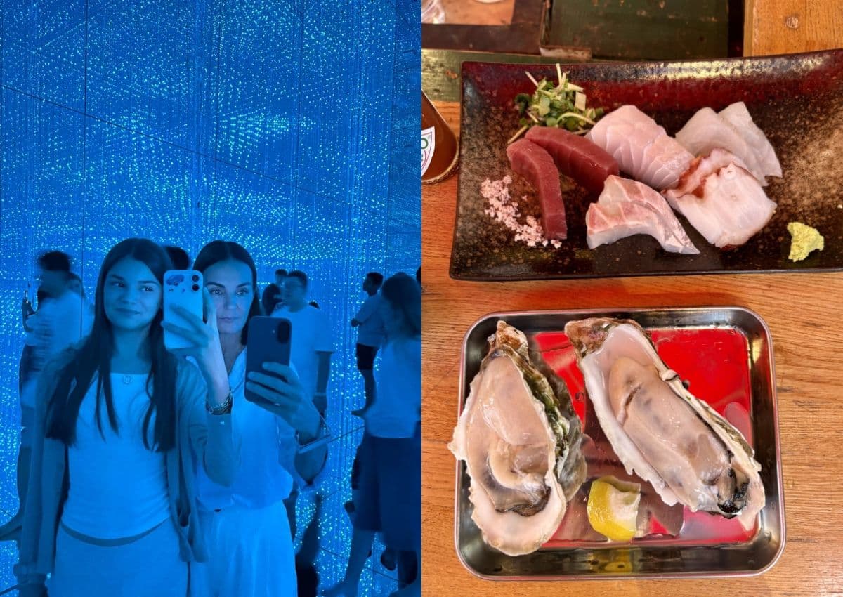 A la izquierda, madre e hija en el teamLab Tokio. A la derecha, sushi y sashimi recién hechos en el mercado de Tsukiji