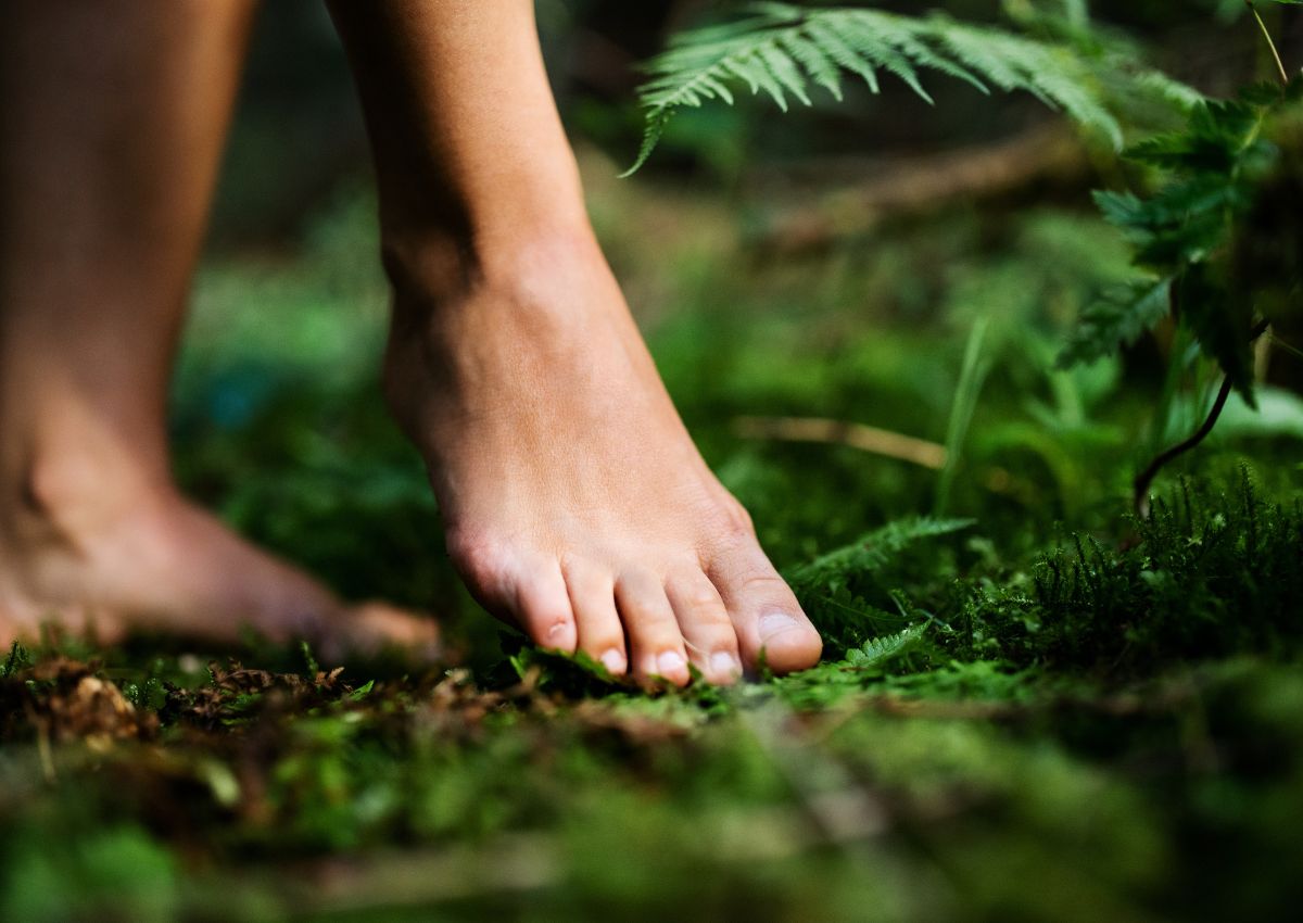 Los pies descalzos de una mujer en un bosque