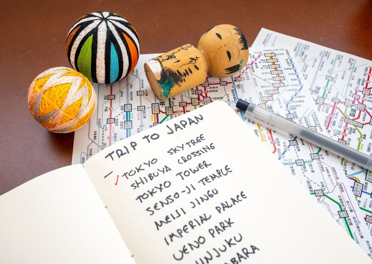 Cuaderno con itinerario de viaje a Japón, mapa y objetos de planificación sobre una mesa