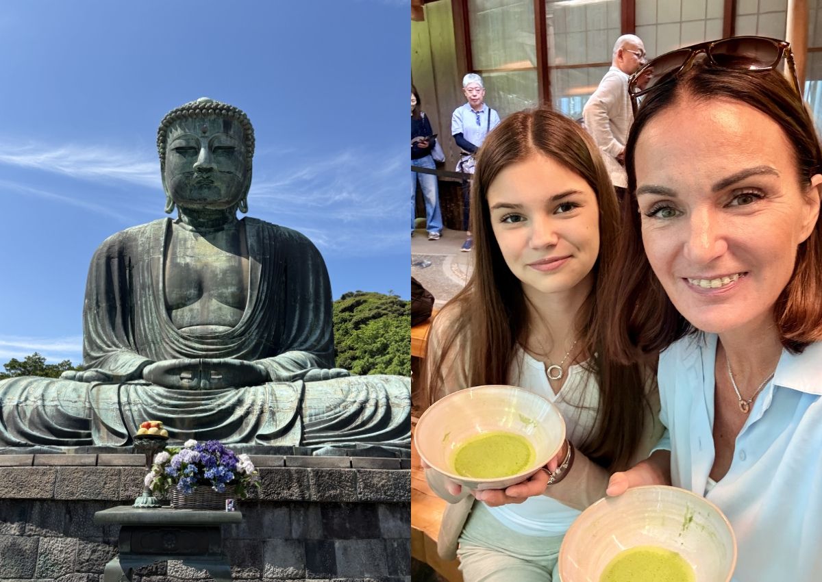 A la izquierda, el Gran Buda de Kamakura. A la derecha, madre e hija sosteniendo cuencos de matcha