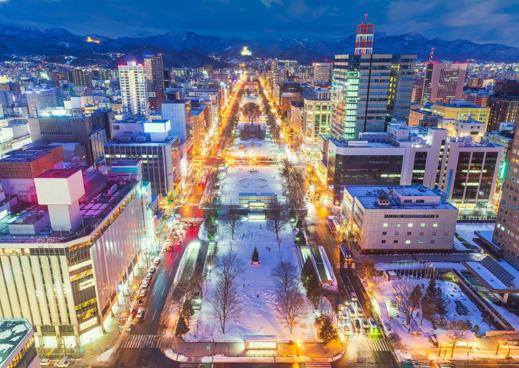 Paisaje urbano del Parque Odori desde la Torre de Televisión de Sapporo, iluminación en invierno, durante el Festival de la Nieve de Sapporo, Japón