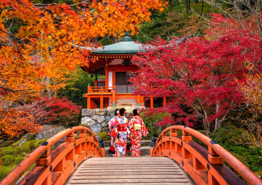 Jóvenes vistiendo Yukata tradicional en el templo Daigo-ji con coloridos árboles de arce rojo en otoño.