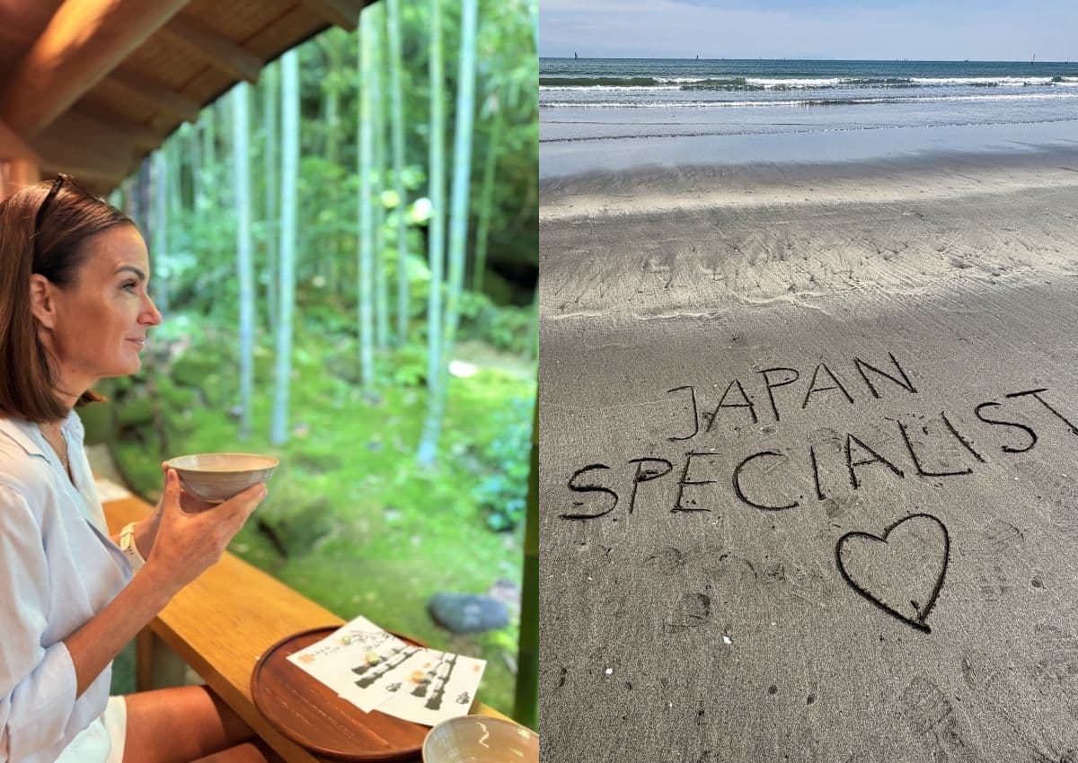 A la izquierda, disfrutando de un té verde en Kamakura. A la derecha, “Japanspecialist” escrito en la arena de la playa