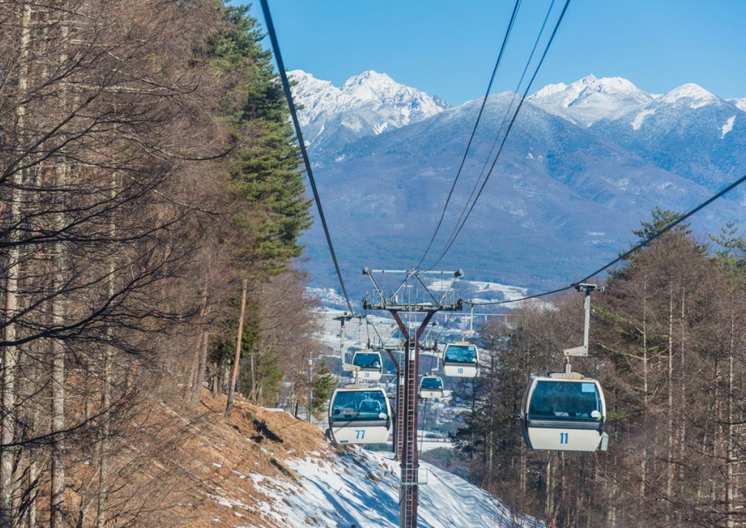 Telecabinas entre árboles y montañas nevadas al fondo.