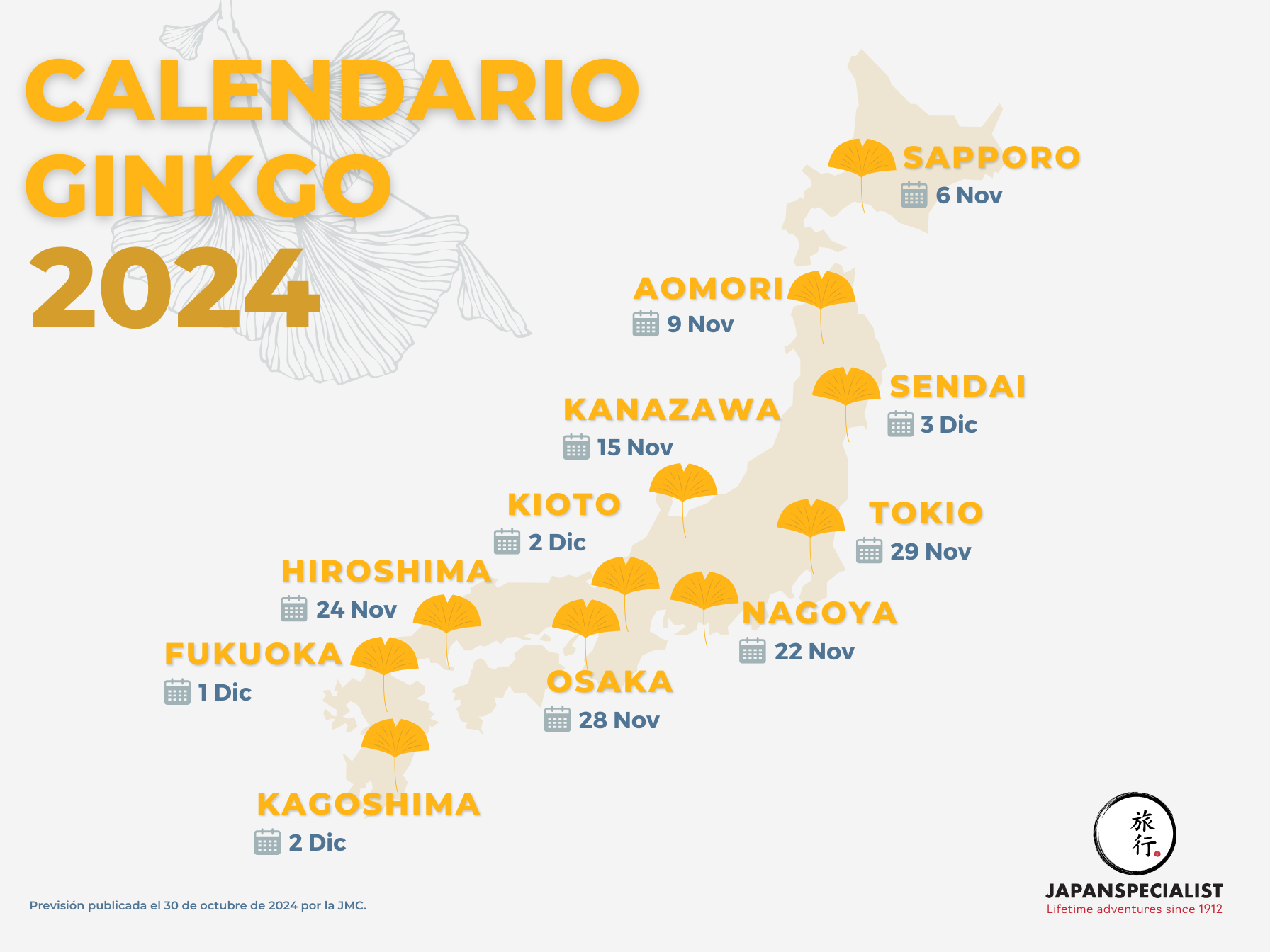 mapa de Previsión del follaje otoñal amarillo en Japón para 2024