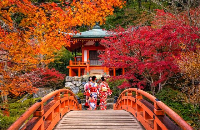 Mujeres en kimono disfrutando del paisaje otoñal en Japón 