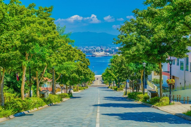 Vista de la cuesta más famosa de Hakodate en verano
