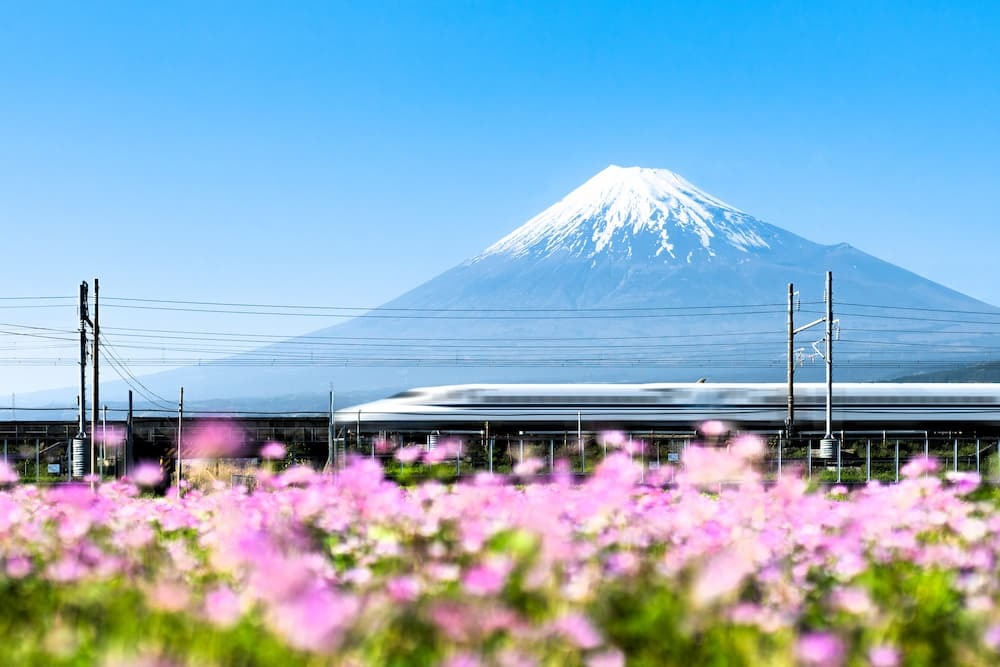 Tren bala Shinkansen a su paso por el monte Fuji, Yoshiwara, prefectura de Shizuoka, Japón.