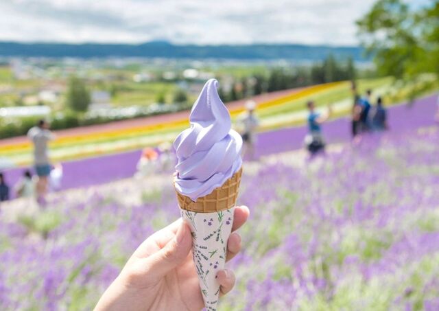 Helados de Hokkaido en los campos de flores de Furano