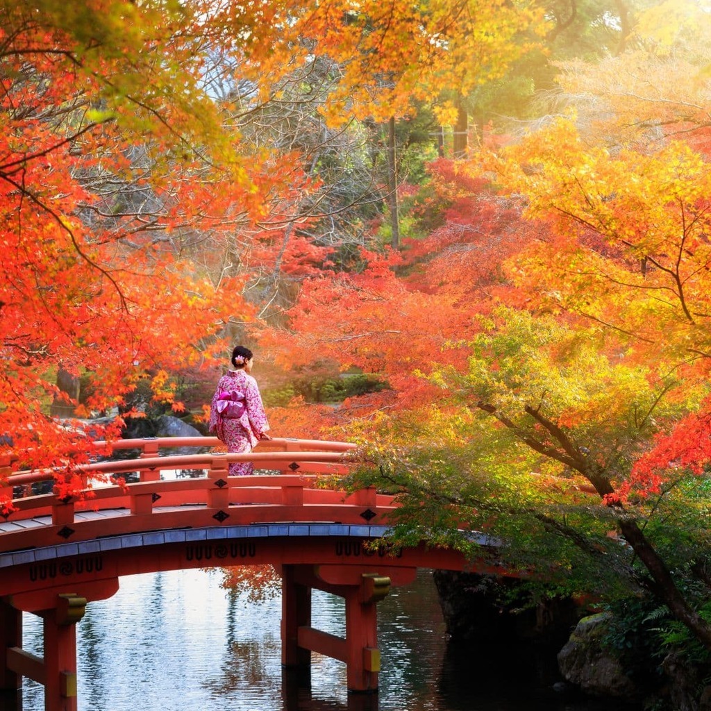 mujer cruzando un puente en Japón