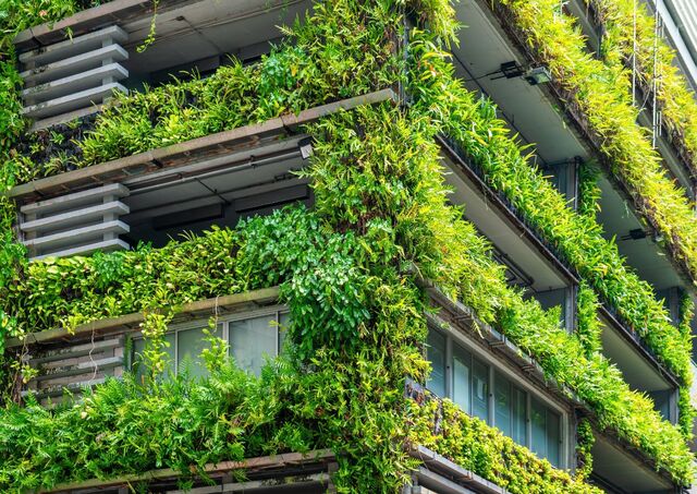 Fachada de edificio moderno con plantas verdes