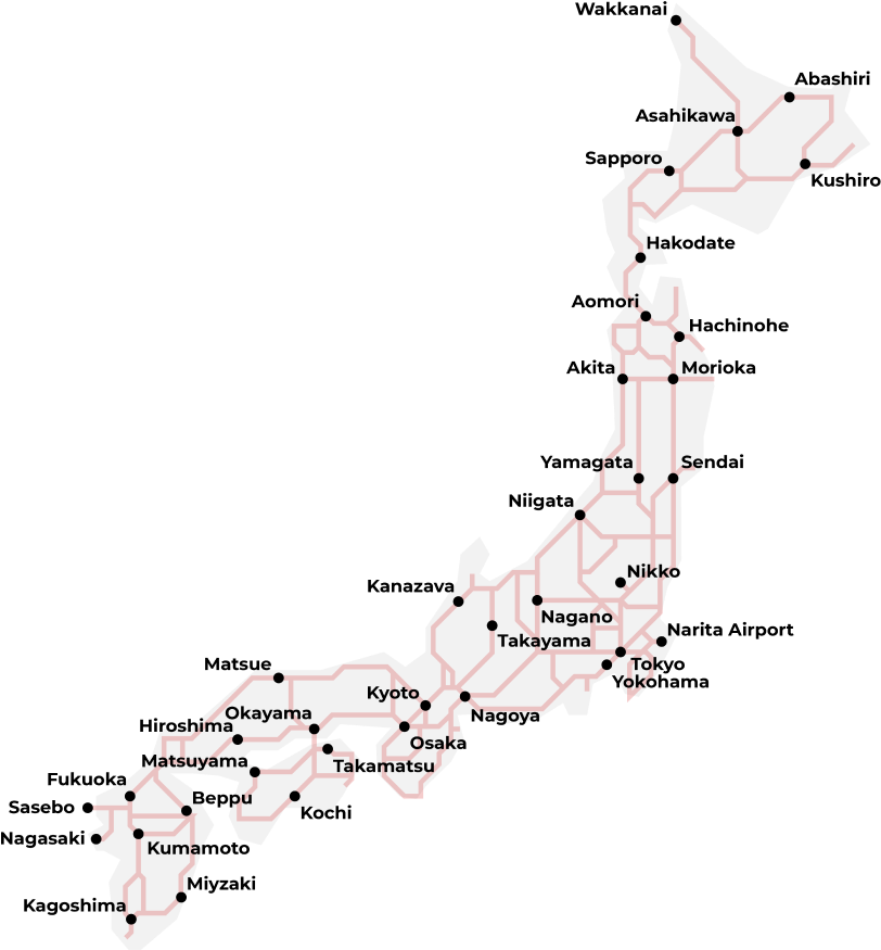 Mapa que muestra la red de Japan Rail (JR) y las rutas de tren por Japón.